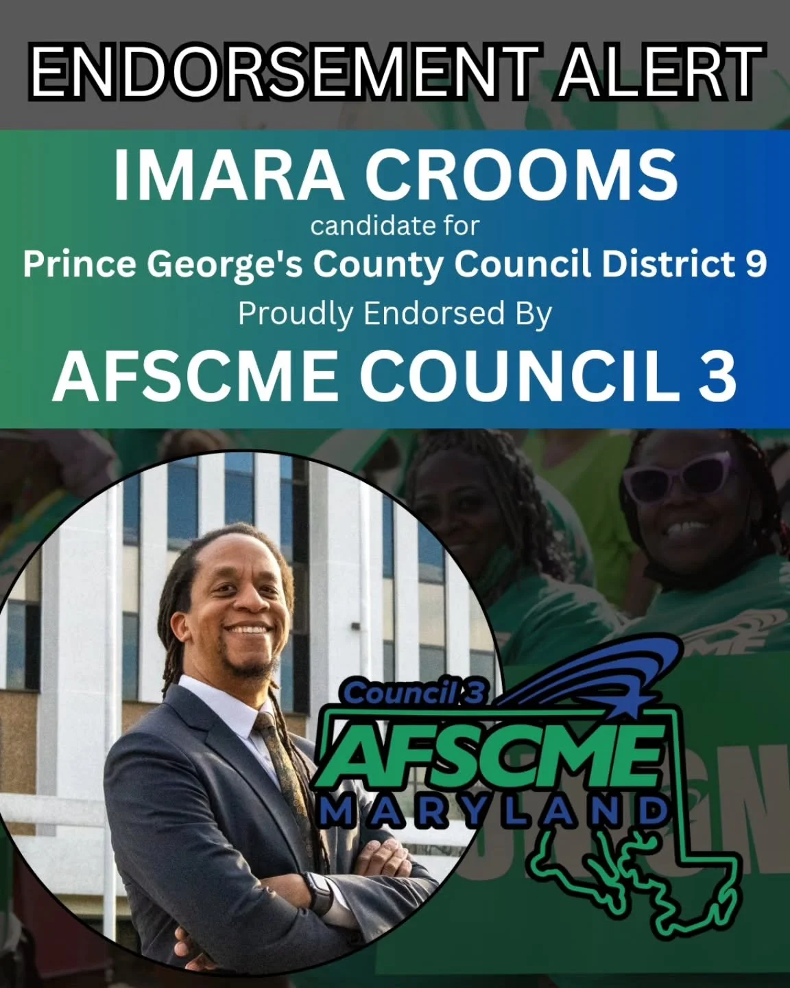 Honored and humbled to receive the endorsement of AFSCME Council 3.

​@afscmemaryland members dedication to service and our community is a trait we could all stand to learn from. Their trust in our team means the world to me.
​As always we're proud t