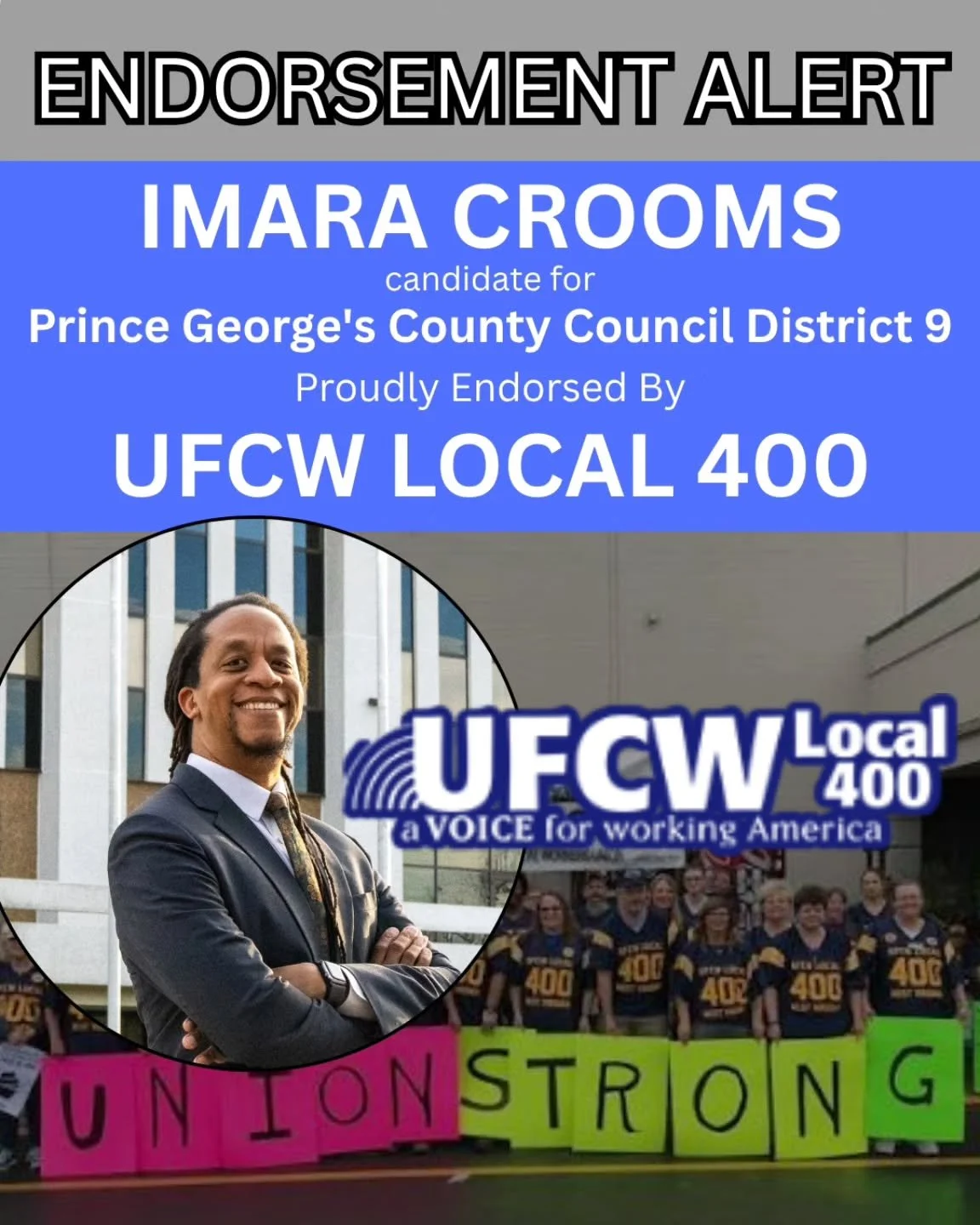 📣 ENDORSED: UFCW Local 400 is with us!

The grocery and retail workers of Local 400 keep Prince George's County fed and running every single day, and they deserve a Council member who fights for fair wages, safe conditions, and the right to organize