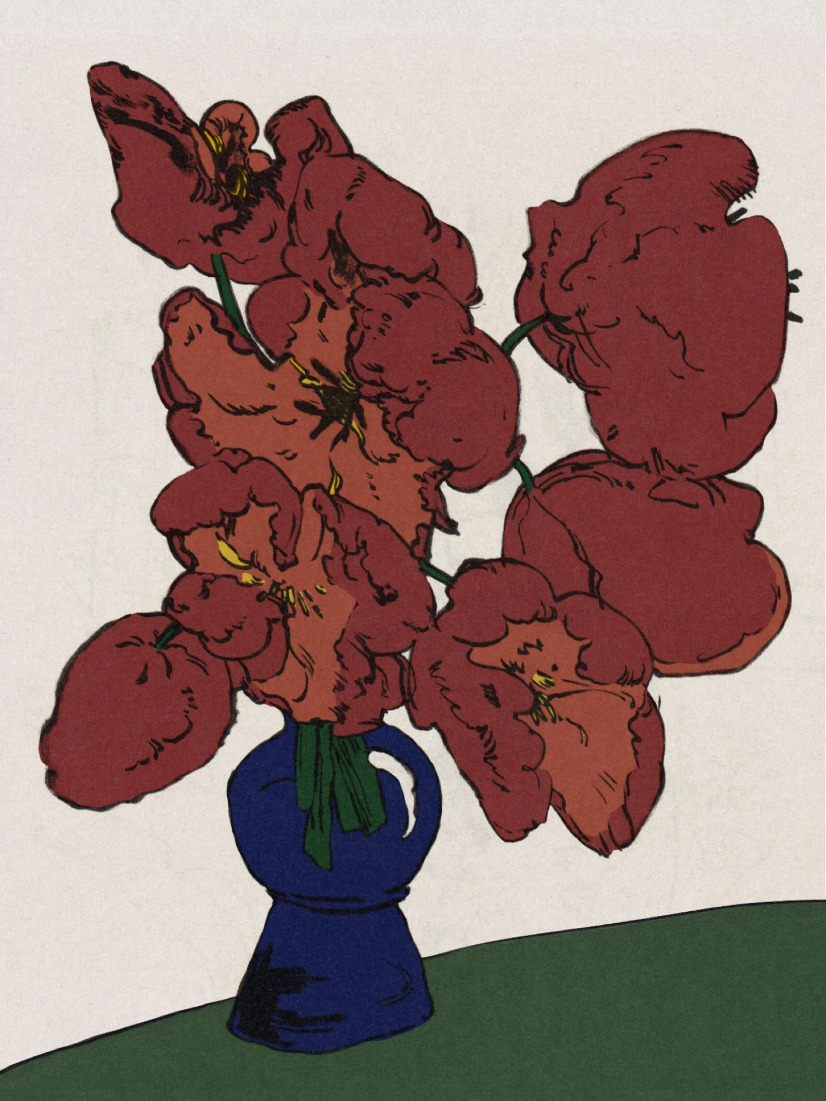 Red Flowers, blue Vase 
Ink on paper, digital color, 2025