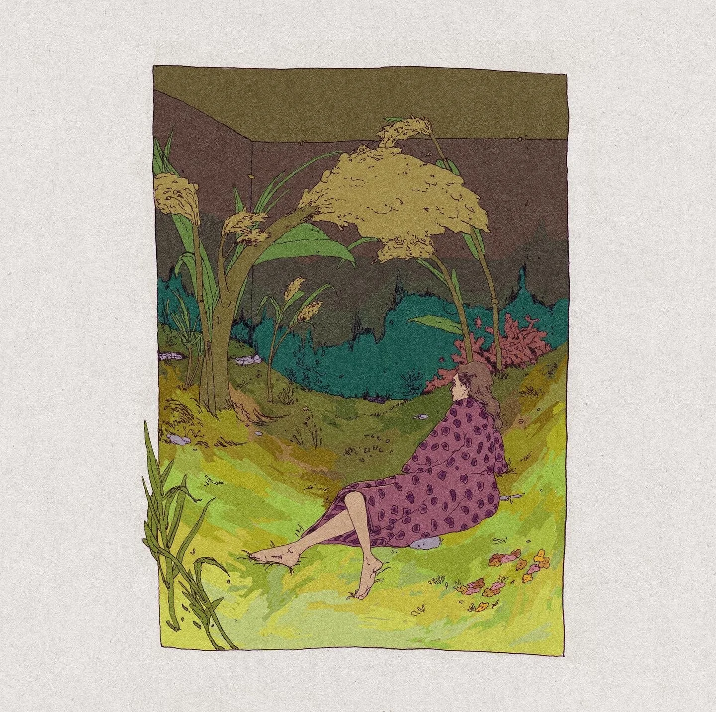 A woman in a purple polka-dot robe sitting on the ground in a garden with large plants and colorful foliage, looking into the distance.