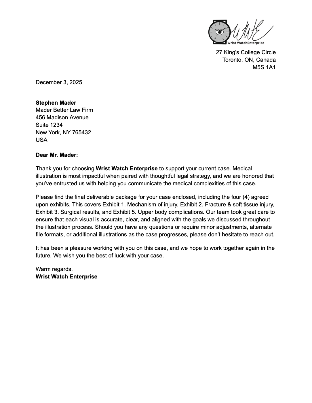 Wrist Watch Enterprises - Cover Letter
