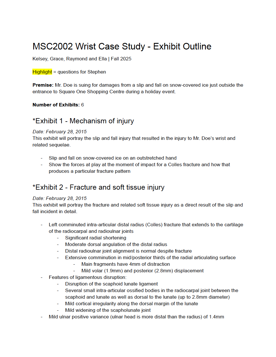 Wrist Case Study - Exhibit Outline pg 1
