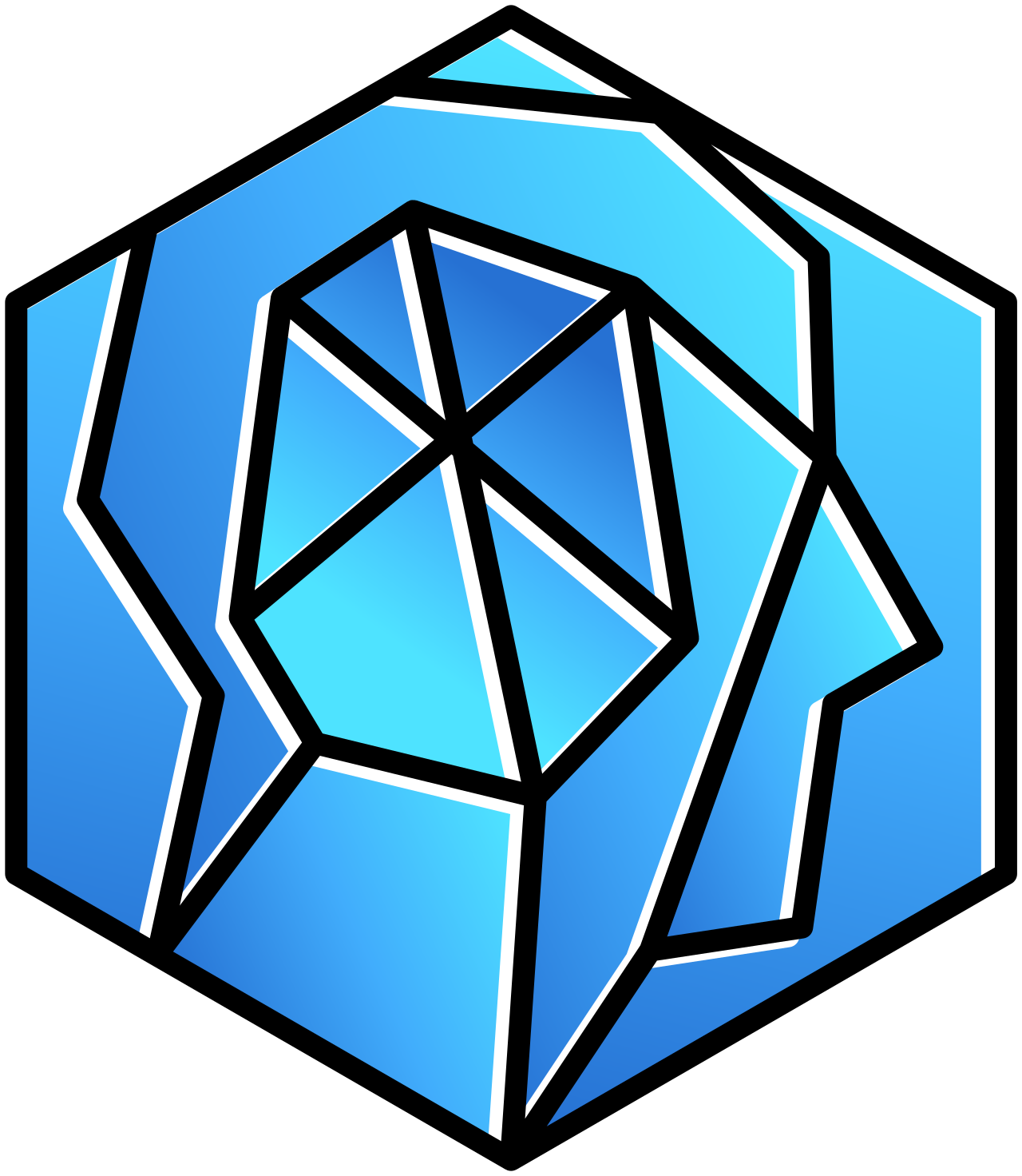 3D geometric design with blue shades and black outlines, resembling a gem or crystal inside a wireframe cube, Helpflow logo