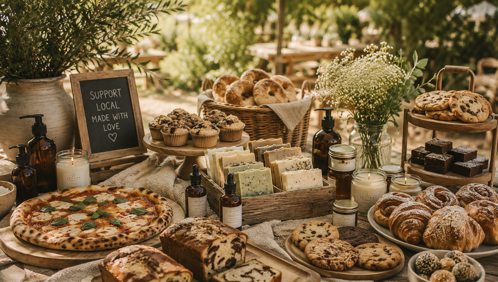 A rustic outdoor table filled with baked goods including pizza, cookies, muffins, and pastries, candles, soap, lotion bottles, a chalkboard sign reading 'Support local, made with love,' flowers, and jars, set in a sunny garden setting.