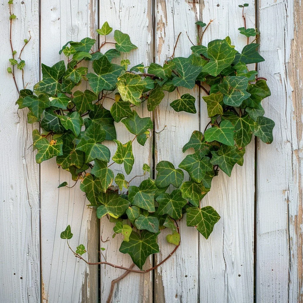 Green ivy plant growing on a light wooden fence.