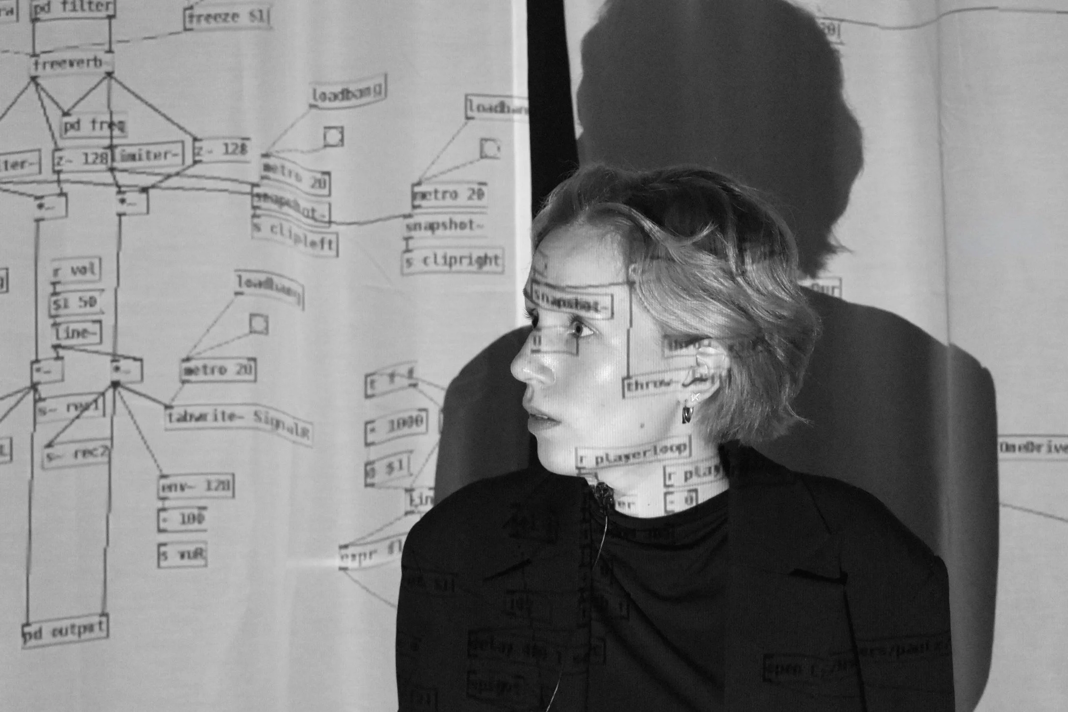 Hannah Otto vor weißem Vorhang mit Projektion von Elementen aus dem Programm (PD)