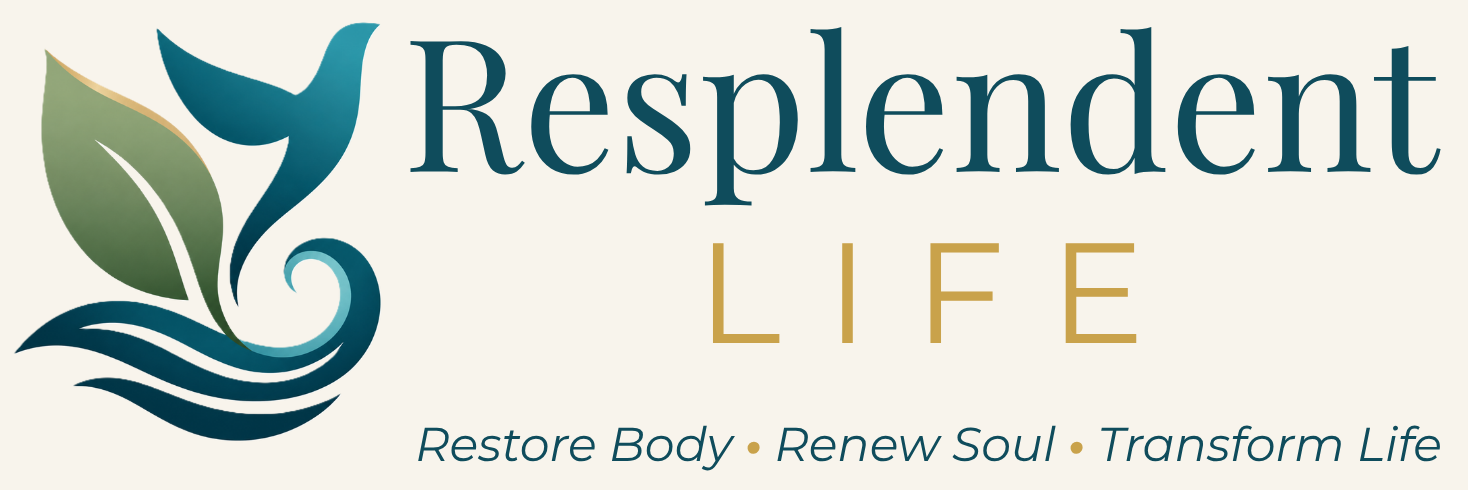 Resplendent Life logo with a stylized blue bird, green and white leaves, and waves, accompanied by the text 'Resplendent Life, Restore Body, Renew Soul, Transform Life' in teal and gold.