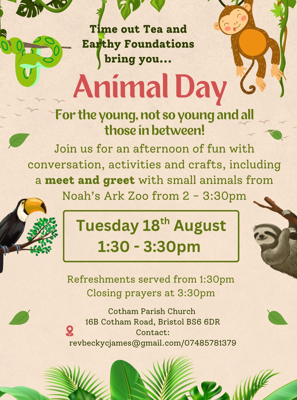We've got a very exciting event coming up next month 🐒🐍🐦

Join us on the 18th August for an Animal Day, which includes a meet and greet with some of the small animals from @noahsarkzoobristol!

This event is being run by our Earthy Foundations and