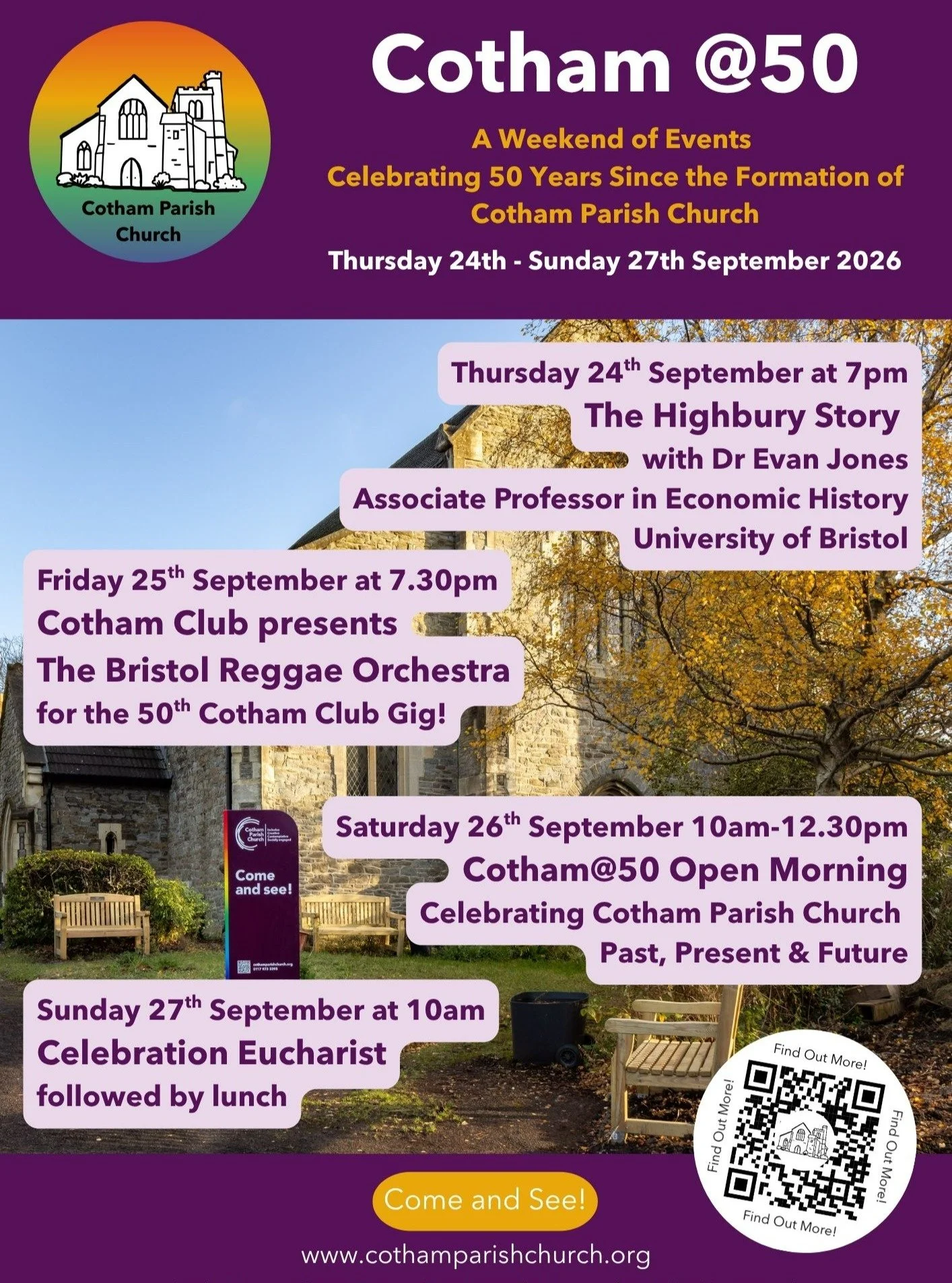 We're delighted to be celebrating the 50th anniversary of the formation of Cotham Parish Church this September.

We've got a whole weekend of celebratory events planned, and we'd love you to join us for as many as you'd like!

Visit our website for m