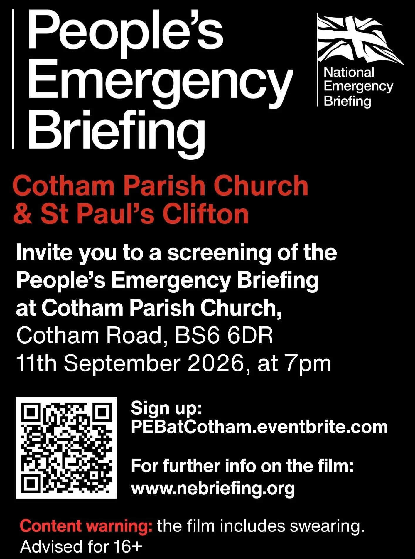 The People&rsquo;s Emergency Briefing is a film aimed at enhancing public awareness of climate and environmental risks. A screening of the film is taking place at Cotham Parish Church on Friday 11th September, and we strongly encourage that you atten