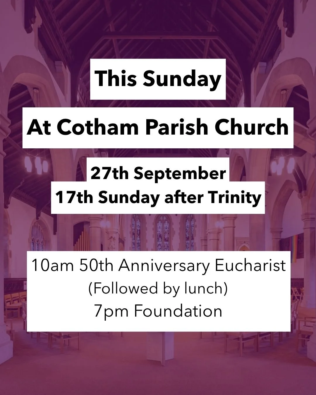 This Sunday at Cotham, we're celebrating the 50th anniversary of the church's formation with a very special anniversary Eucharist.

Afterwards, we'll enjoy fizz, a Palestinian lunch in aid of the Amos Trust, and pudding!

If you'd like to join us for