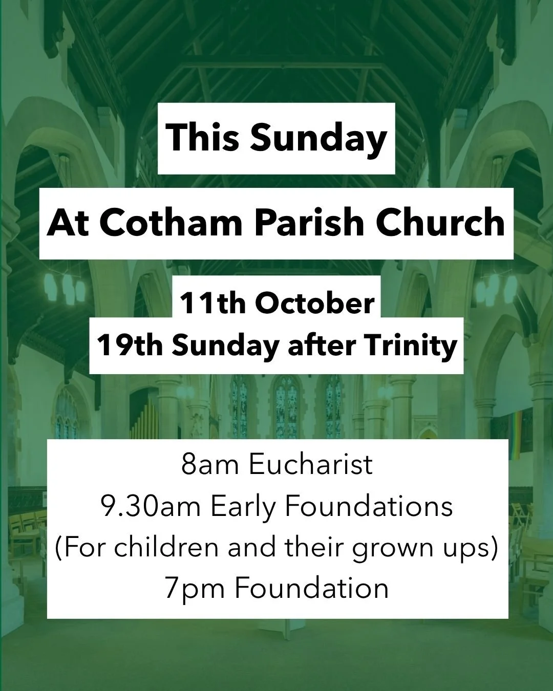 This Sunday at Cotham Parish Church we have our Early Foundations service, which is aimed at children and their grown ups.

If you're looking for a morning Eucharist, we have an 8am service and a Benefice Eucharist taking place at @stpaulsclifton 🤝