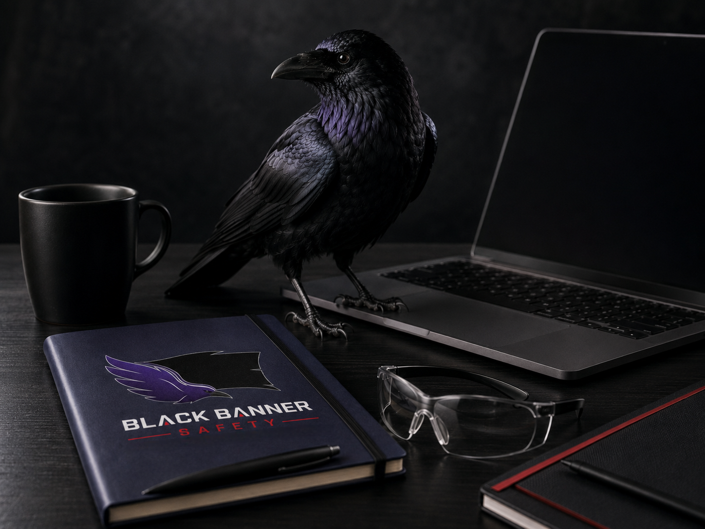 Generated image - Raven sitting on the edge of a laptop with a logo notebook, coffee mug and safety glasses