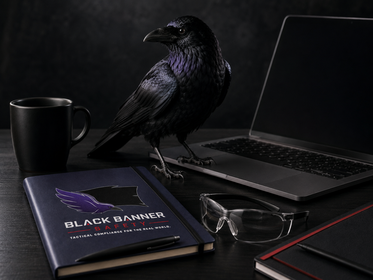 Generated image - Raven sitting on the edge of a laptop with a logo notebook, coffee mug and safety glasses