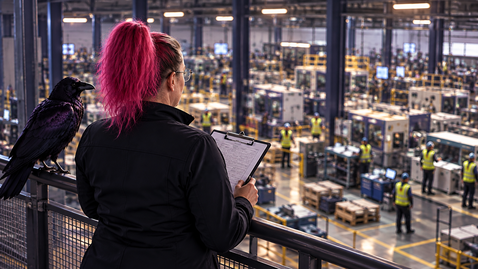 Pink hair woman and raven overlooking a manufacturing floor