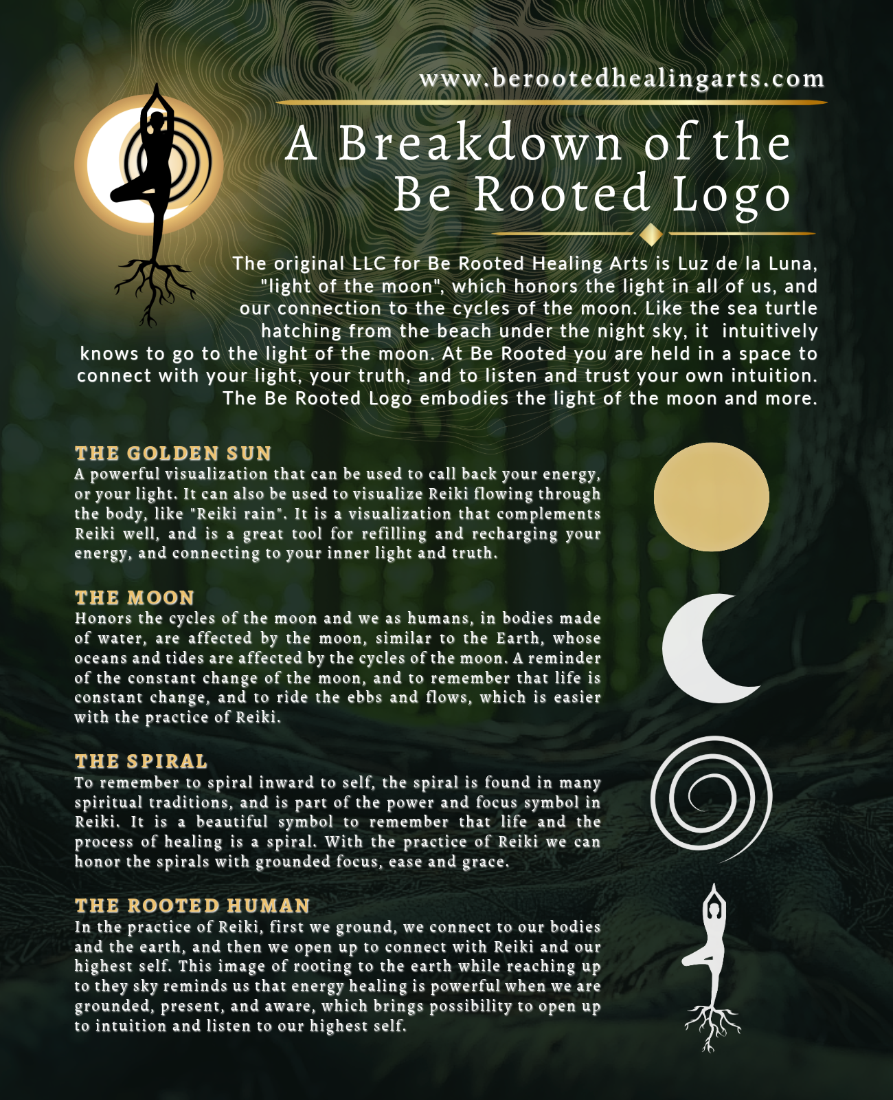 Breakdown of the Be Rooted logo- the spiral, sun, moon, & roots.