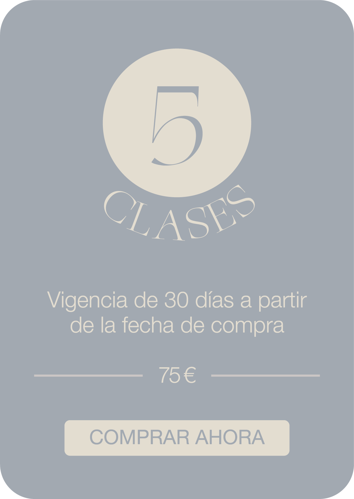 A promotional offer for five classes, valid for 30 days from purchase, costing 72 euros, with a button to buy now.