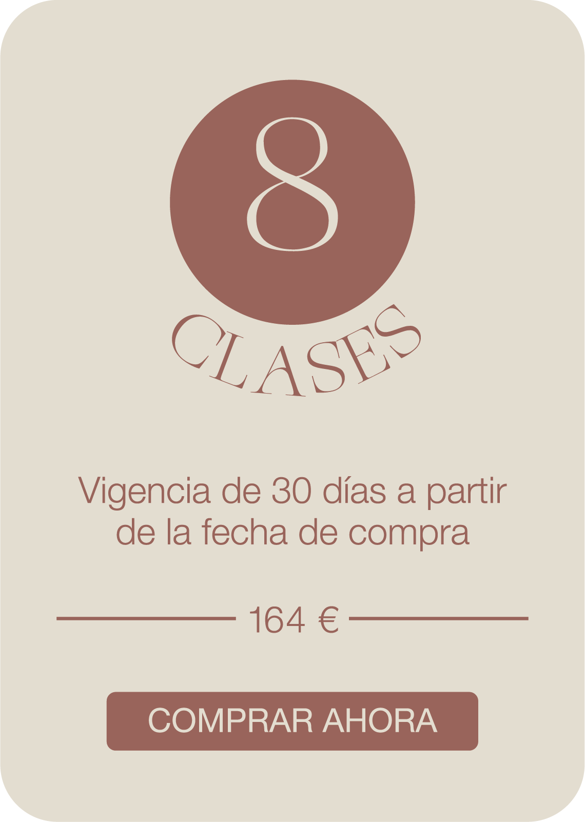 Promotion for 8 classes, valid for 30 days from purchase date, priced at 160 euros, with a "Buy Now" button.