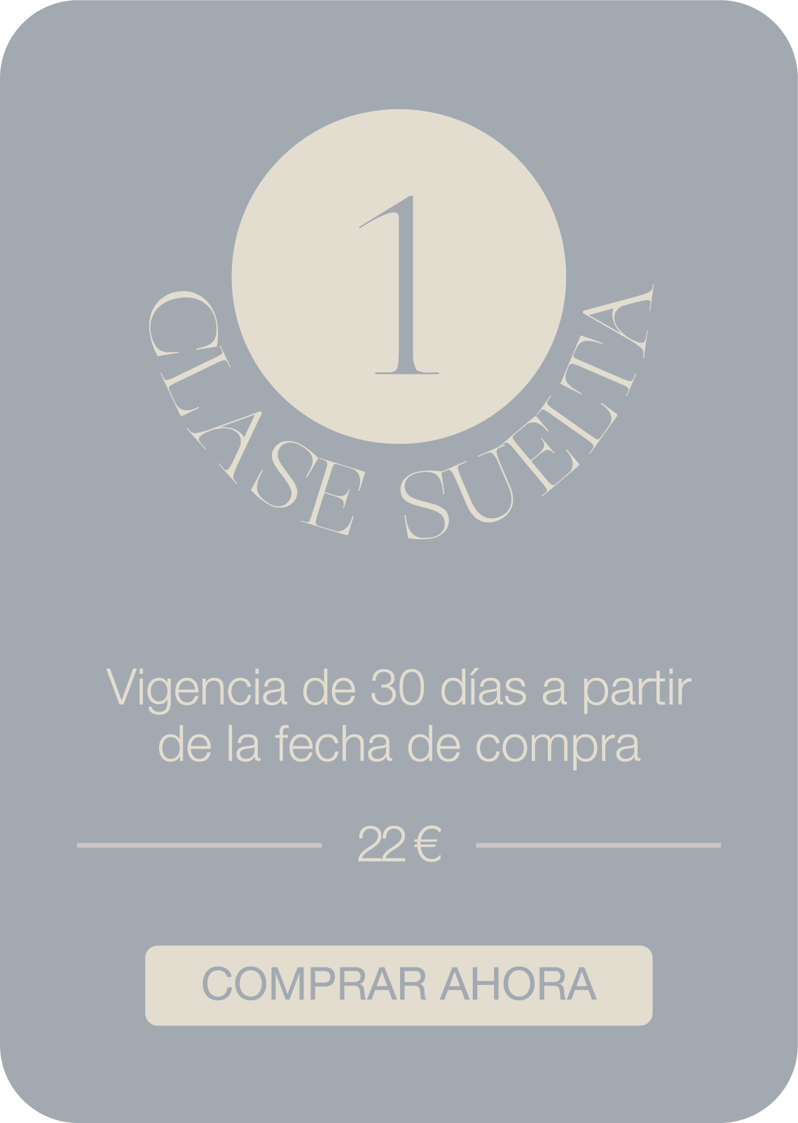 Graphic of a voucher or coupon with the number 1 and the words 'Clase Suelta,' indicating a 30-day validity from the purchase date, priced at 21 euros, with a button labeled 'Comprar Ahora'.