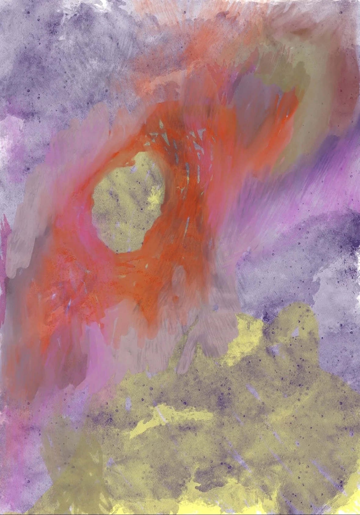 Abstract watercolor art with purple, pink, orange, and yellow splashes and strokes