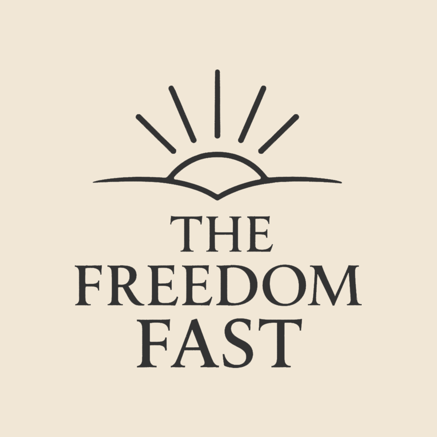 Logo with a stylized sunrise or sunset above the words "The Freedom Fast" on a beige background.