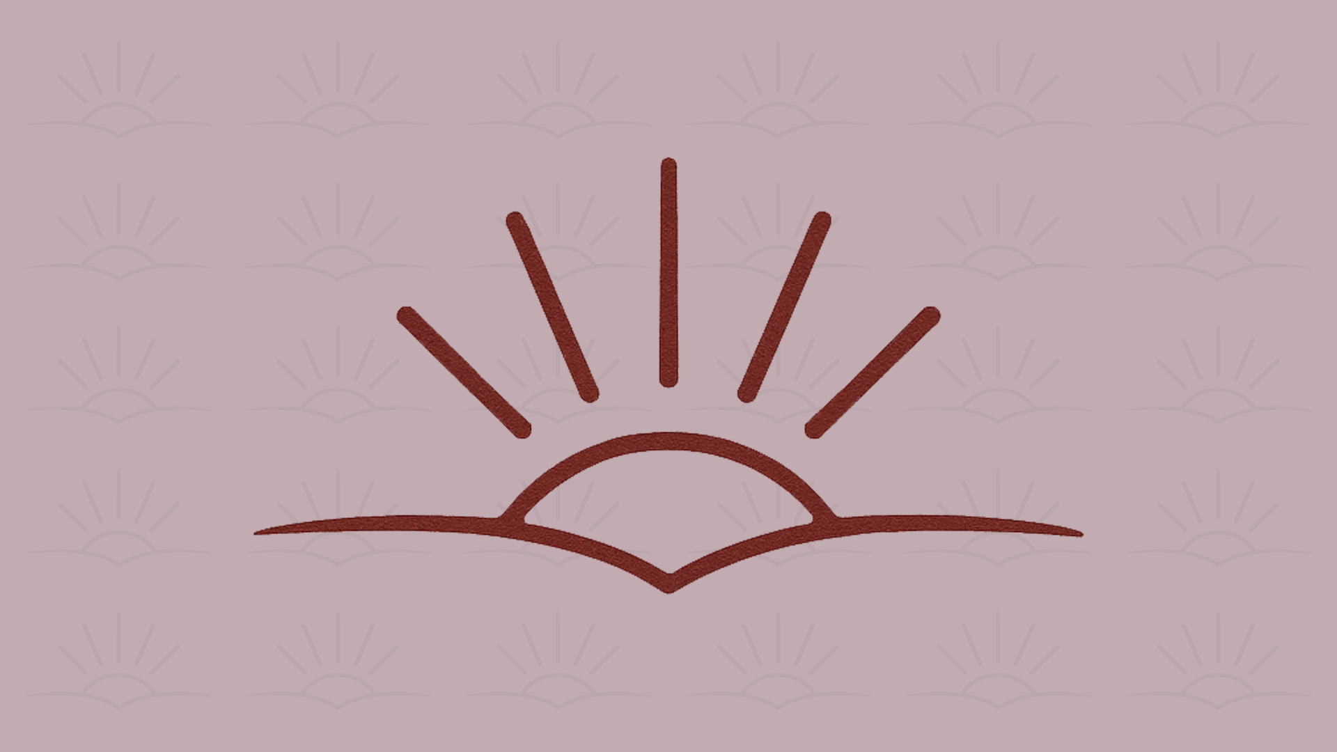 Minimalist sunrise icon with a semi-circle sun partially above the horizon and rays extending upward, drawn with brown lines on a pink background.
