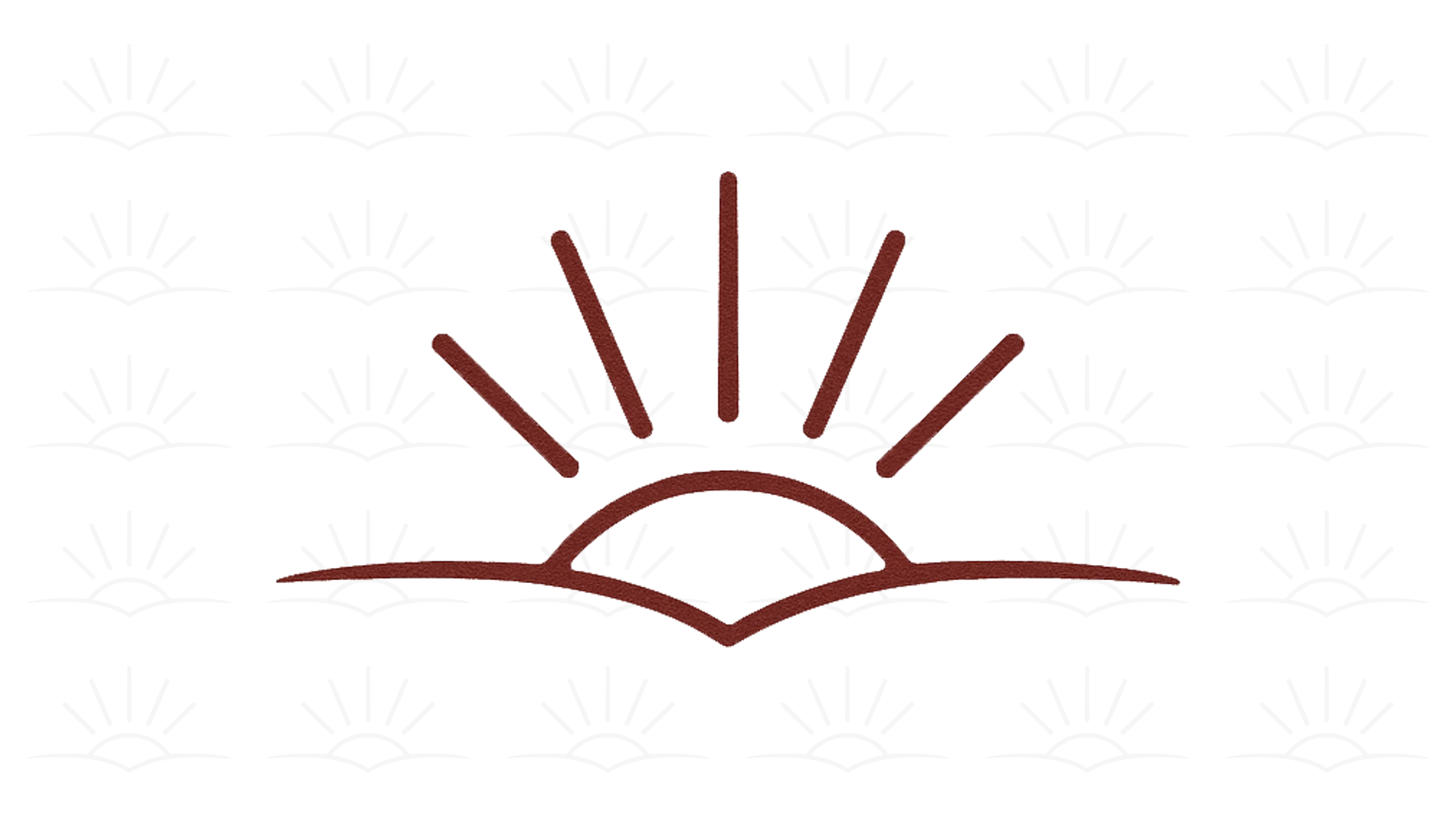 Simplified line drawing of a sunrise with the sun partially above a hill, rays emanating from the sun.