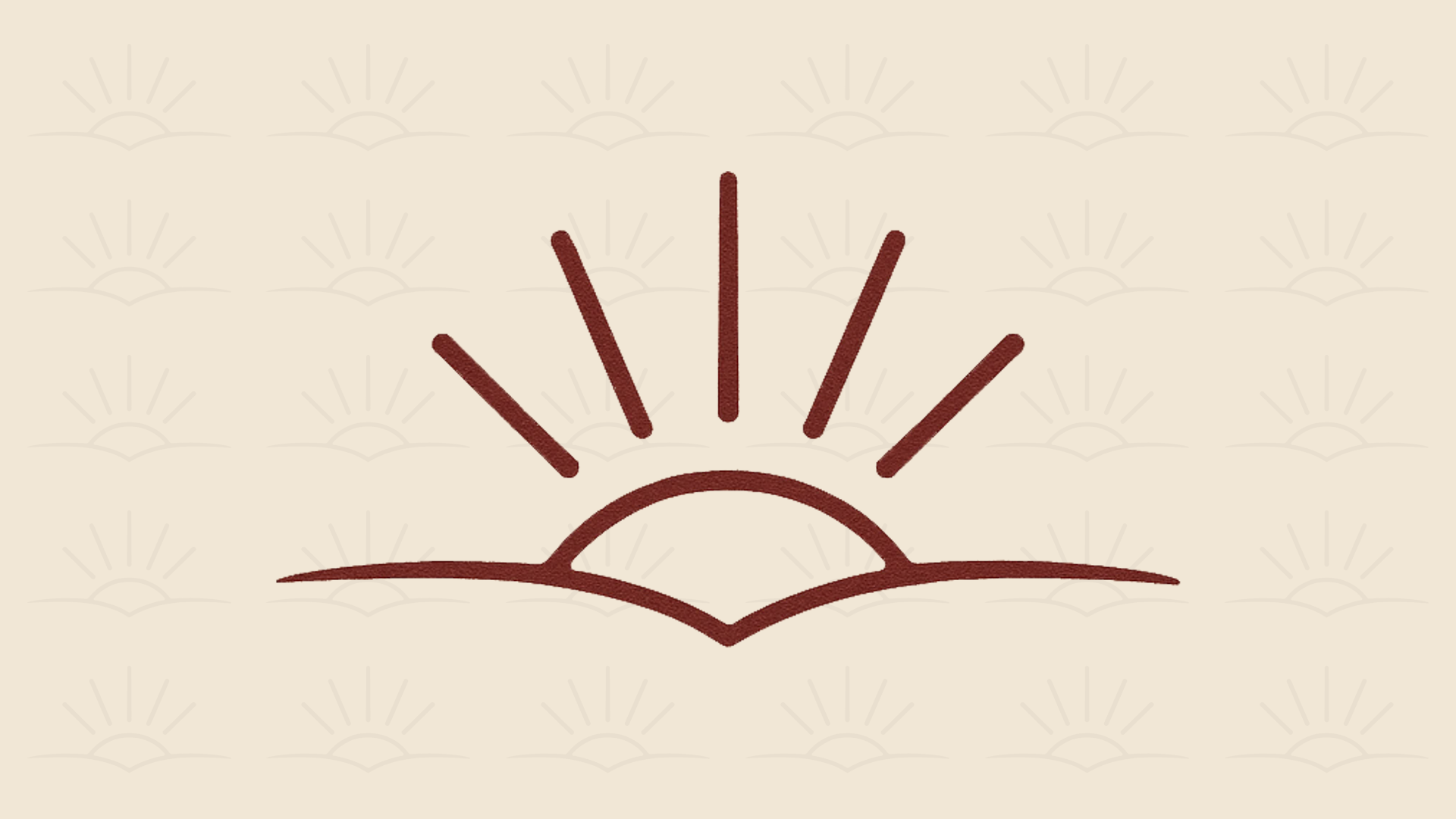 Stylized sunrise or sunset illustration with a semi-circle and rays extending upward on a beige background.