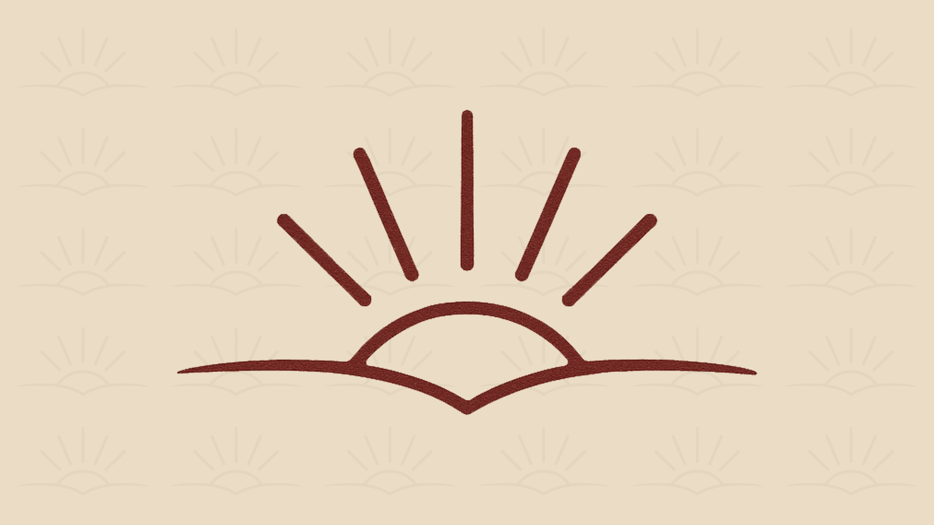 Simple illustration of a sunrise with a semi-circle and seven lines representing sun rays emerging from behind a hill.