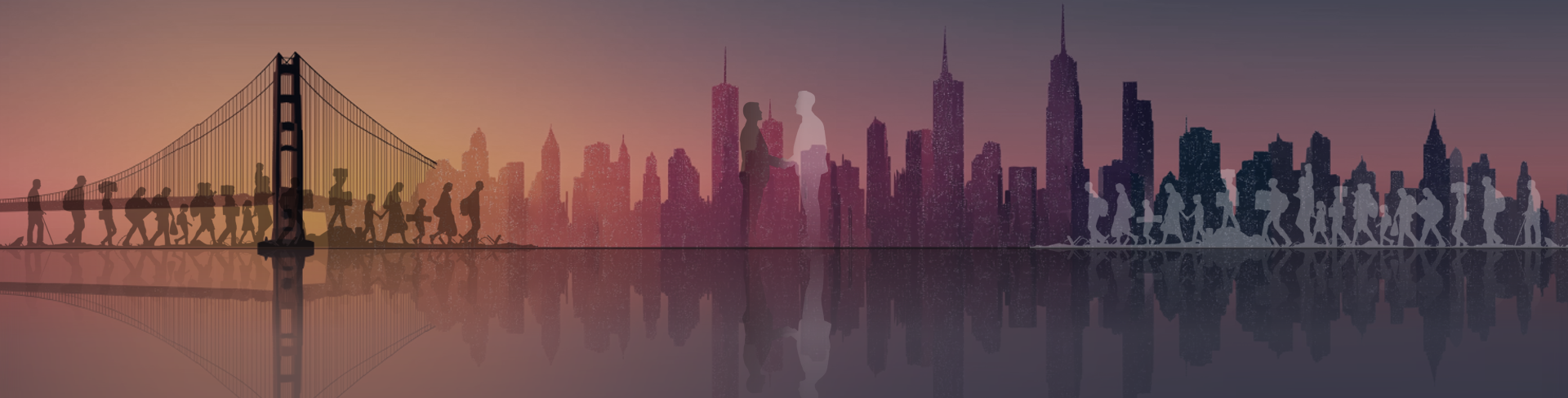 Silhouettes of people walking and running across a bridge with a city skyline in the background at sunset.