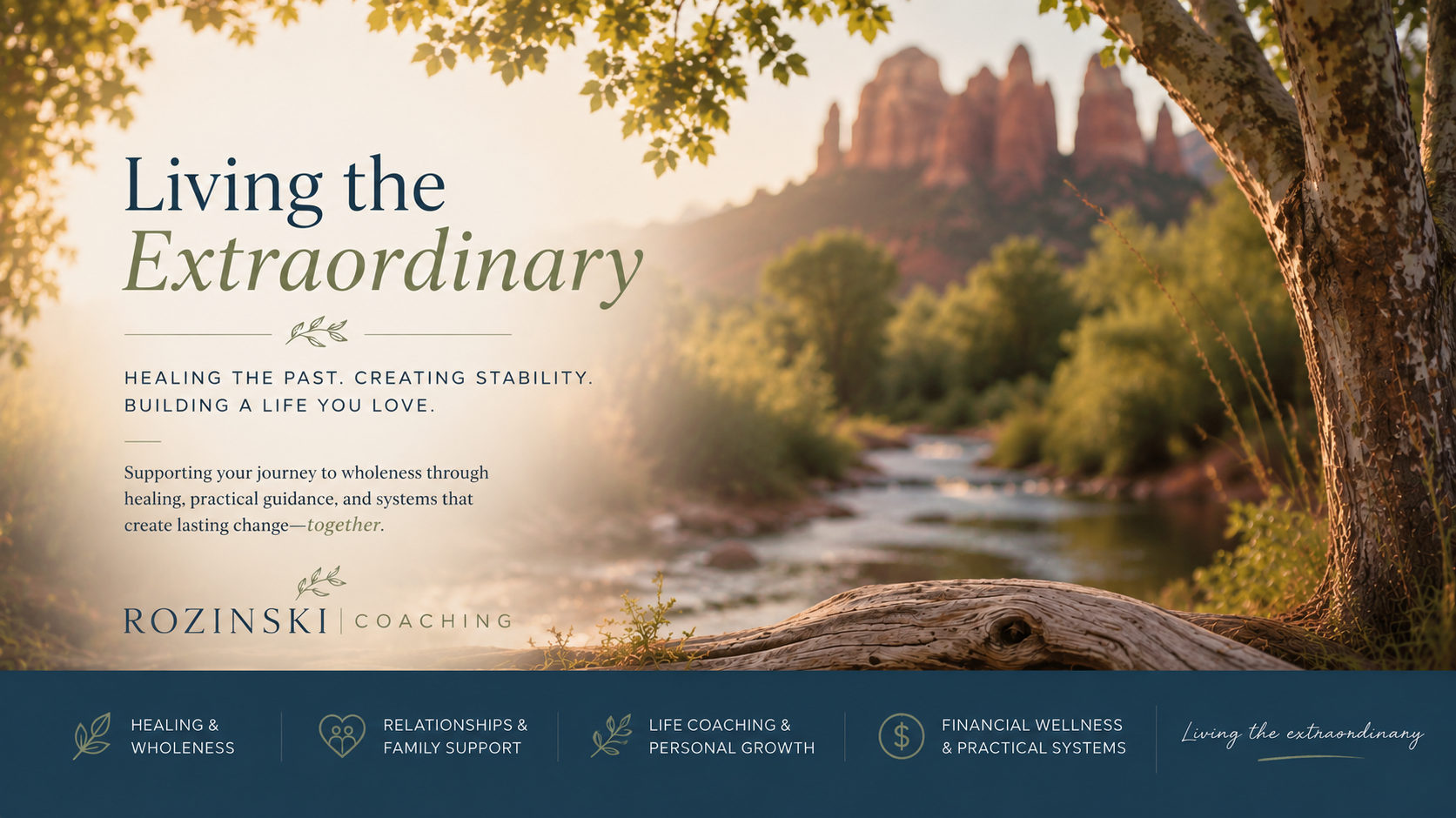 Golden light over Oak Creek, Sedona sycamore tree, and Cathedral Rock in Sedona, symbolizing healing, stability, personal transformation, and living the extraordinary through Rozinski Coaching