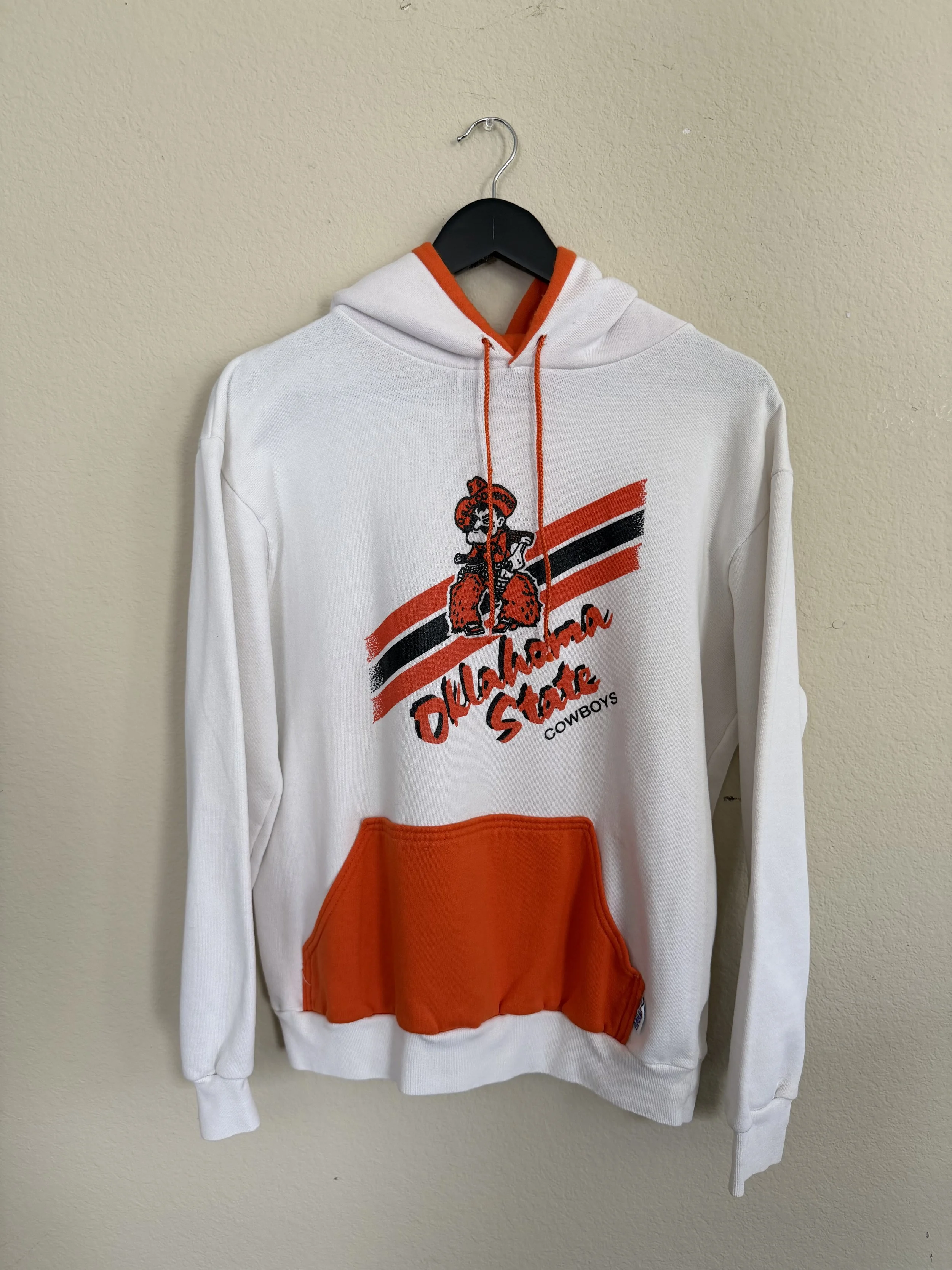 214. 80s White Dodger Oklahoma State 3 Line Pete Orange Pocket Hoodie