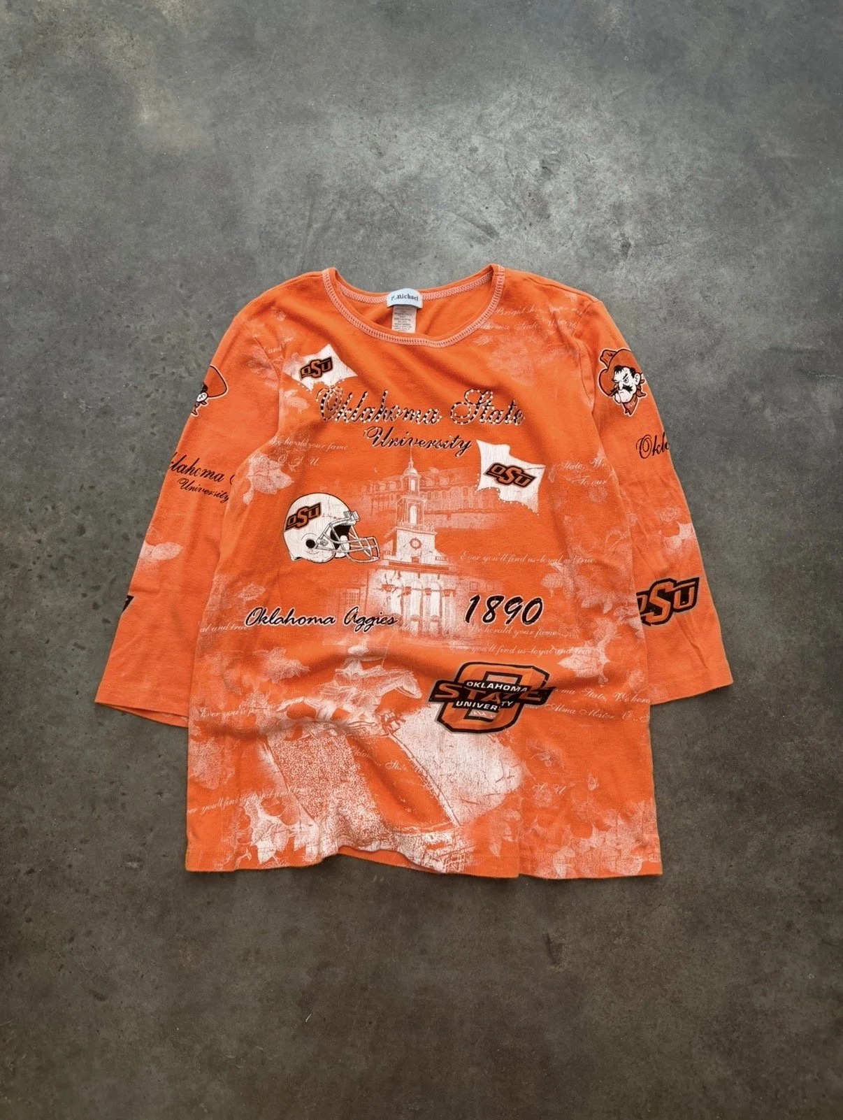 125. 00S EMBELLISHED OSU COLLAGE LONG SLEEVE TOP