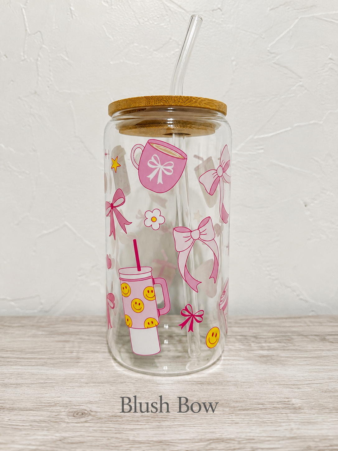 BLUSH BOW GLASS COFFEE CUP