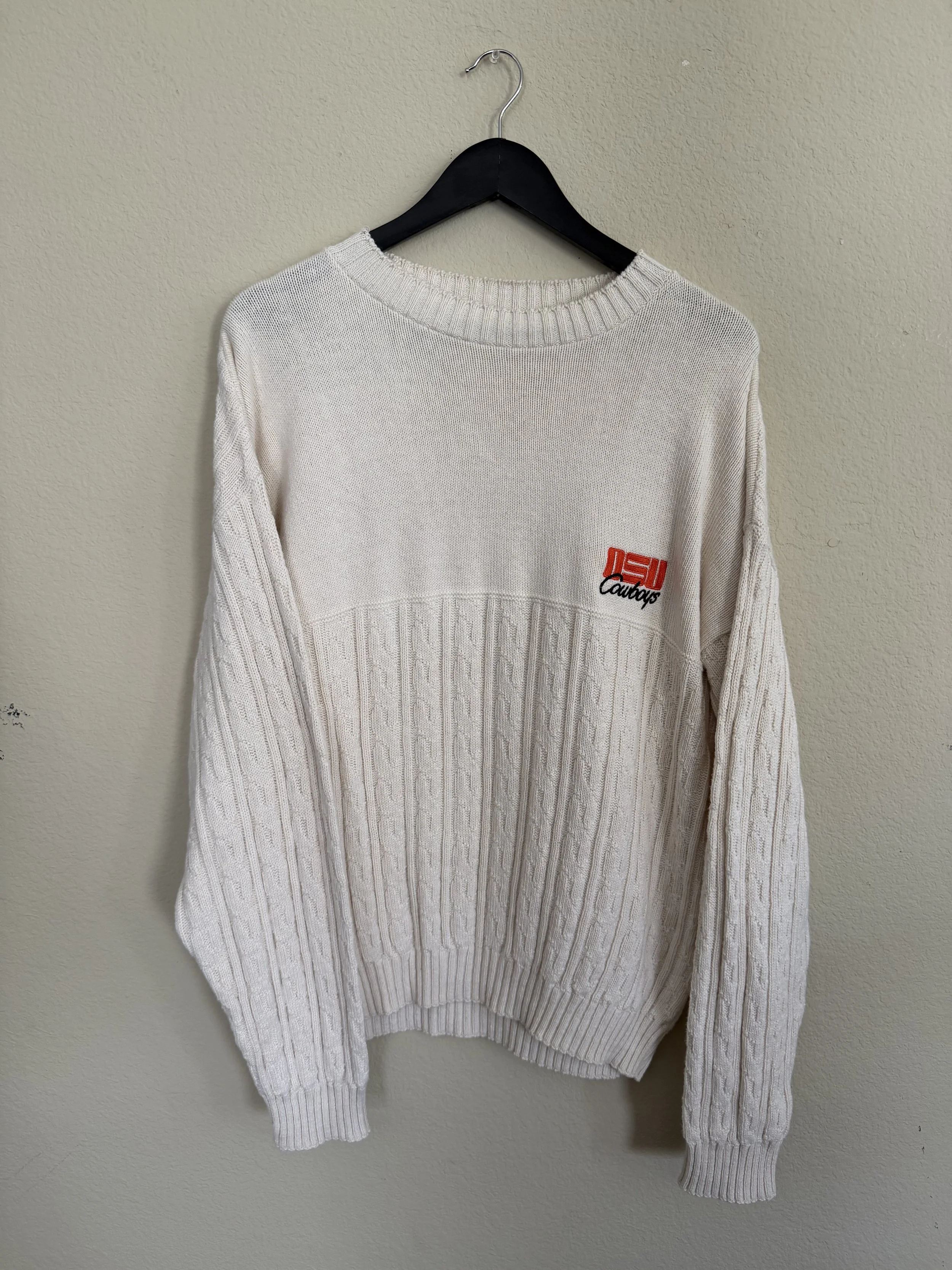 213. 90s White OSU Block Letter Cable Knit Sweater