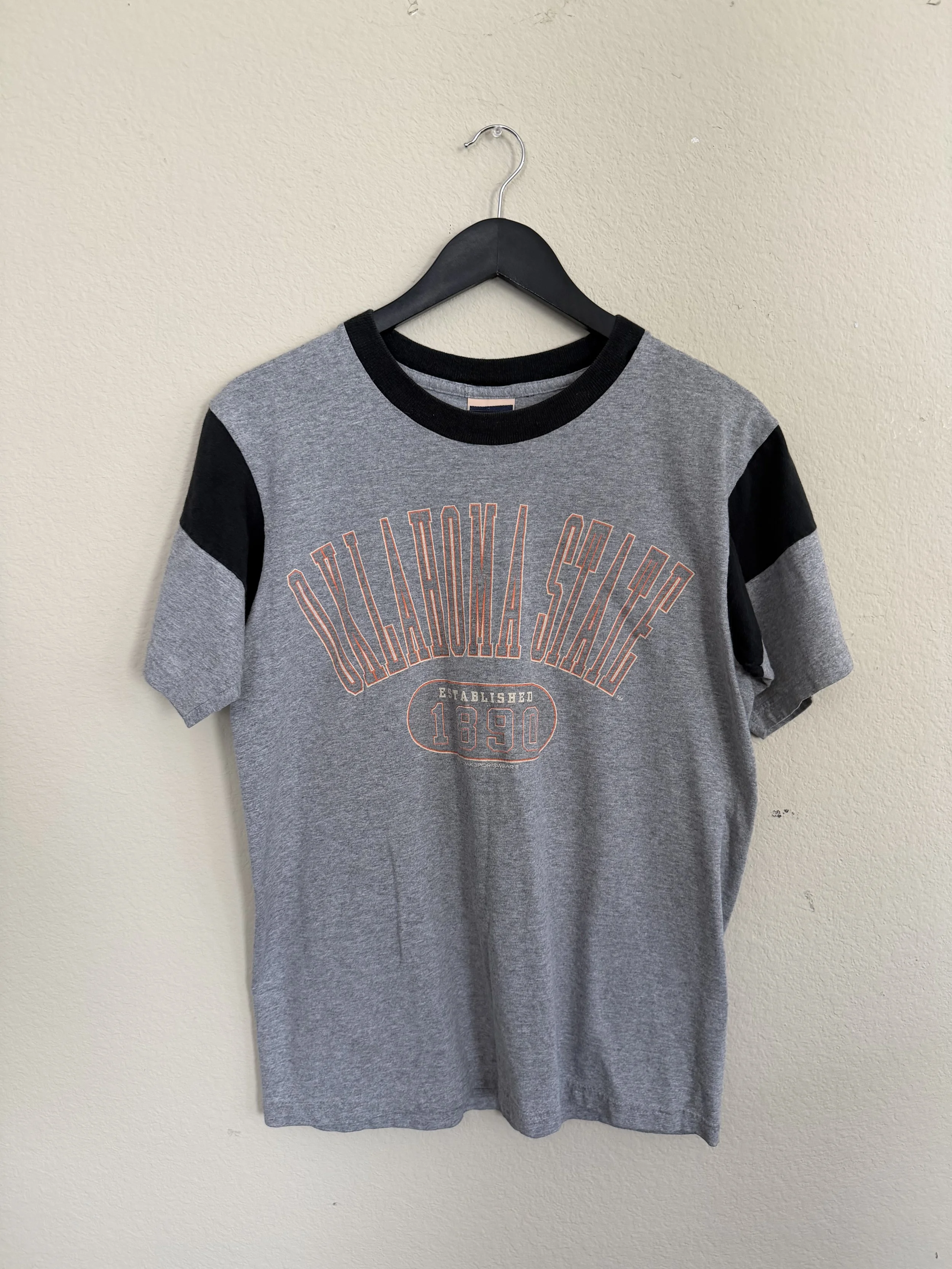 236. 00s Grey Black Striped Sleeve Red Oak OSU 1890 T-Shirt