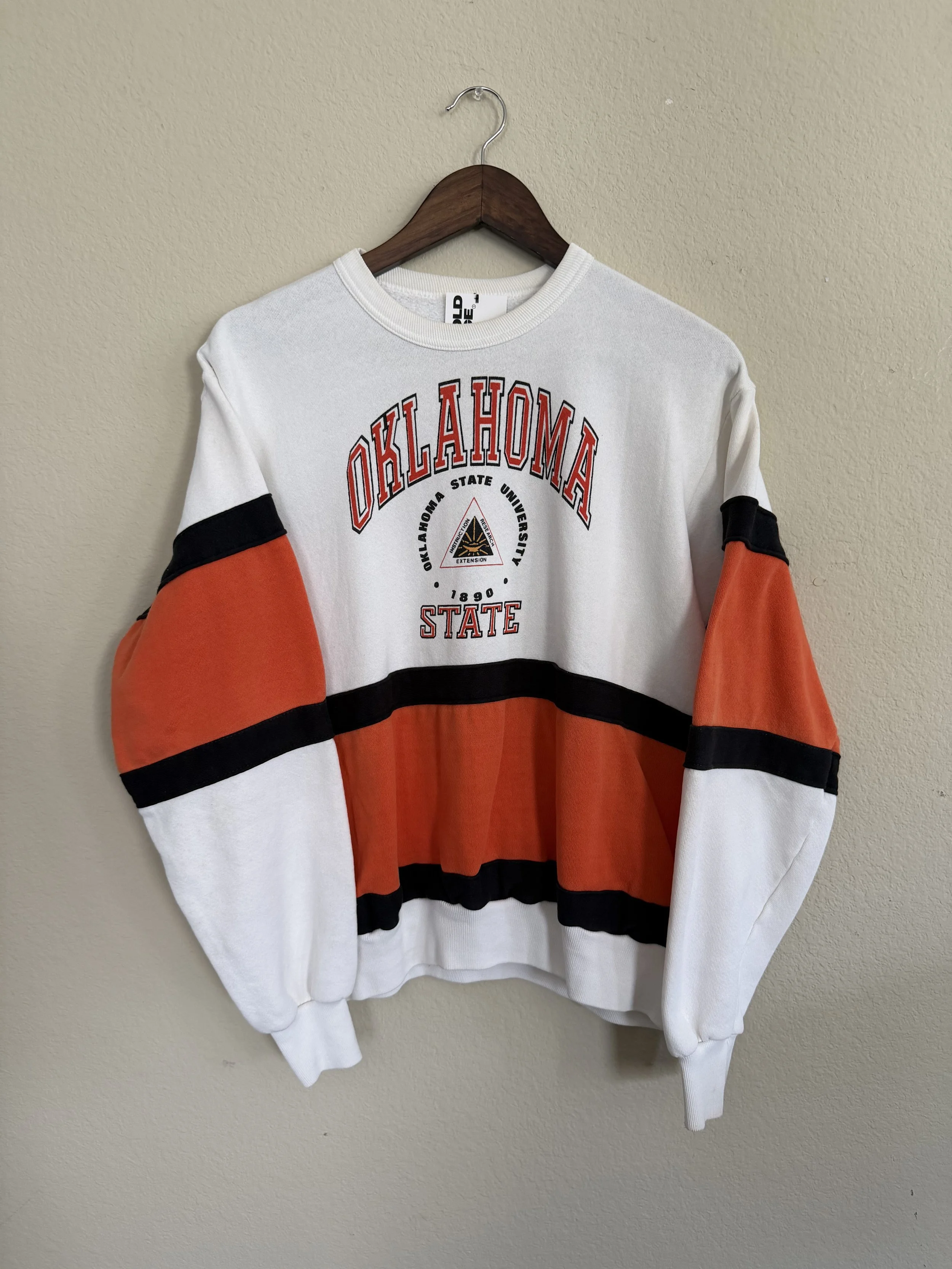 206. 80s White Black Orange Colorblock OSU Triangle Crest Crewneck Sweatshirt