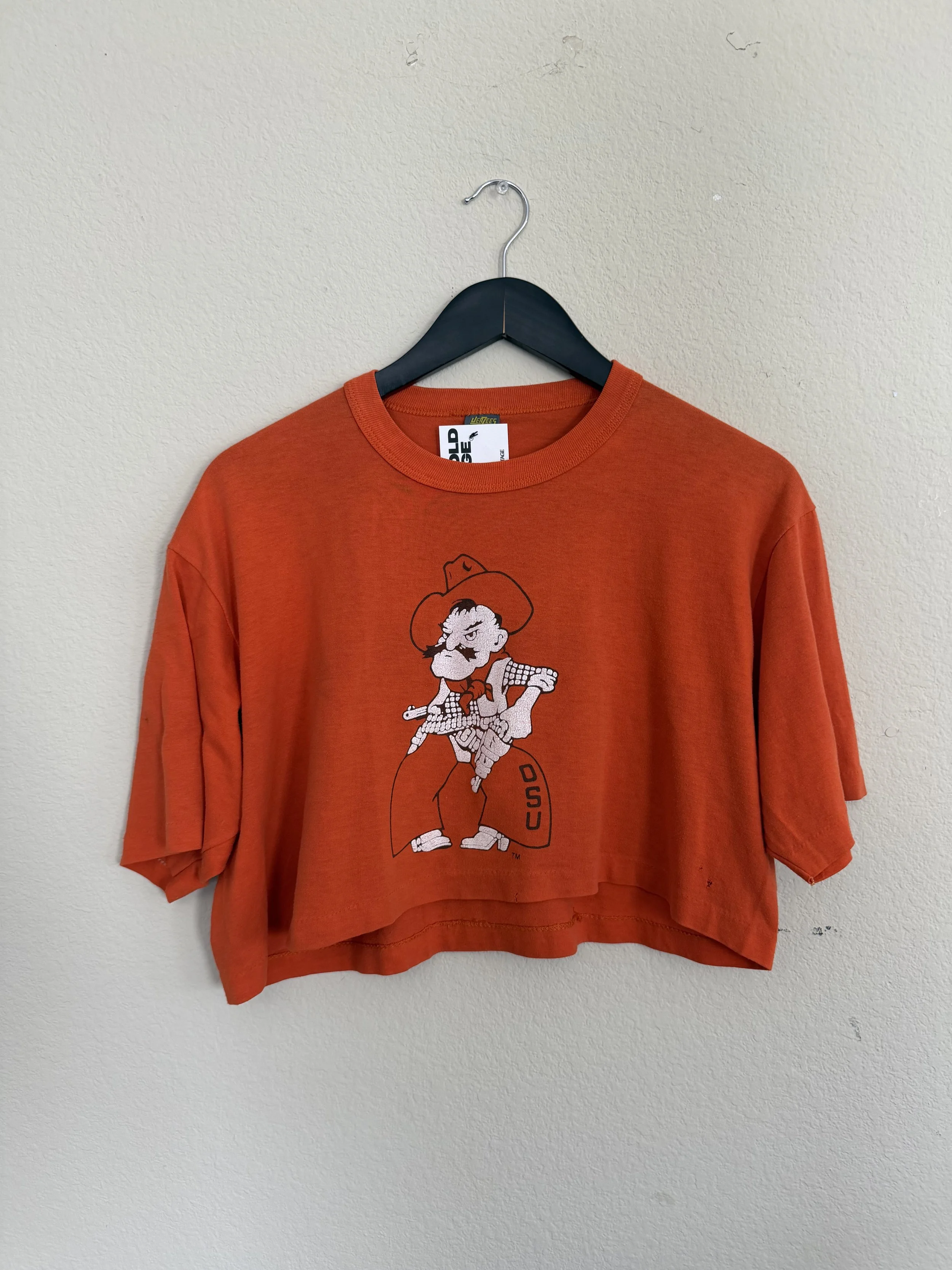 237. 90s Orange Jerzees OSU Pistol Pete Cropped T-Shirt