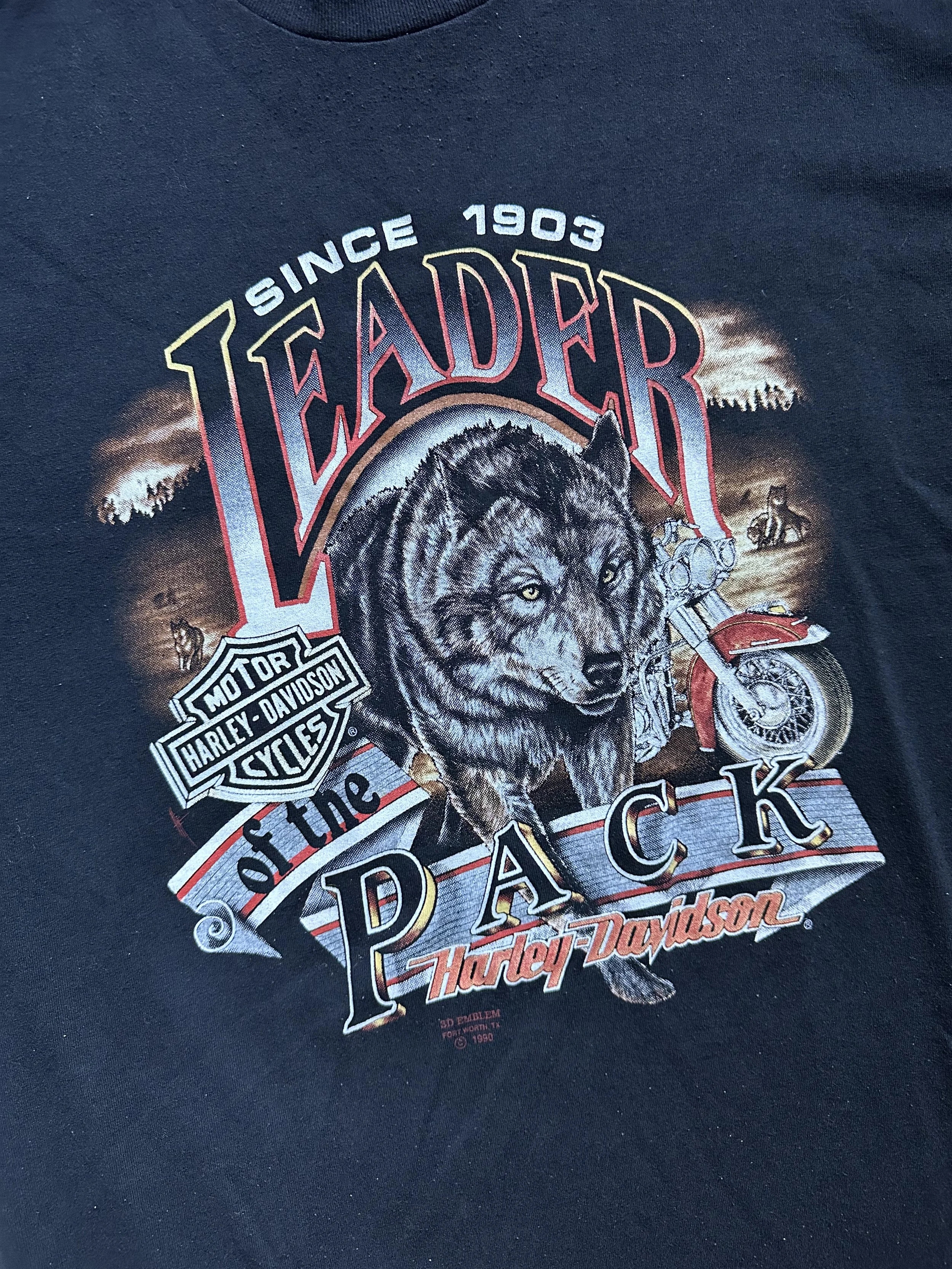 Rare 1990 Leader Of The Pack 3D Emblem Harley Davidson Wolf Tee (5).jpeg