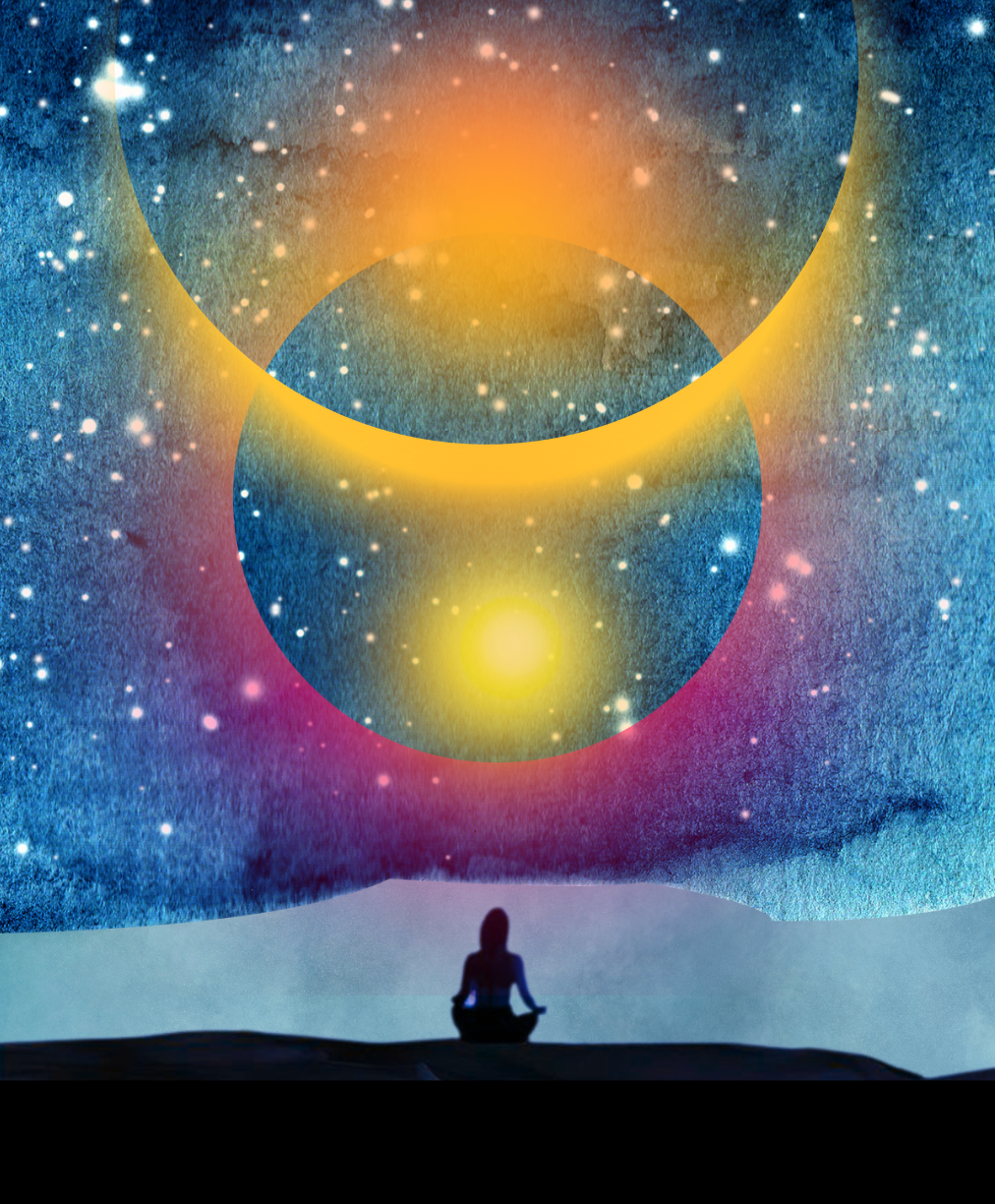 A person sitting cross-legged and meditating on a hilltop, gazing at a cosmic scene with colorful celestial bodies and starry sky.
