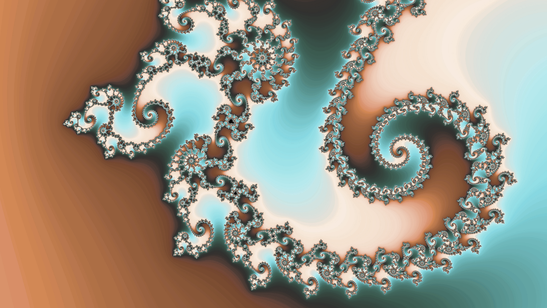 A fractal pattern featuring spirals with intricate, repeating details in shades of blue, brown, black, and white.