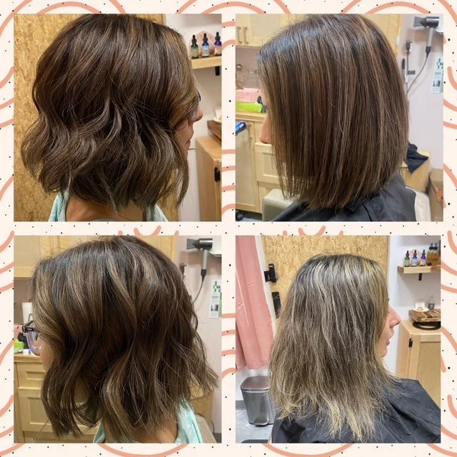Four photos of women's haircuts and hairstyles. The top left shows a shoulder-length wavy hairstyle with brown highlights. The top right features a straight, chin-length bob hairstyle. The bottom left displays a wavy, shoulder-length hairstyle with d