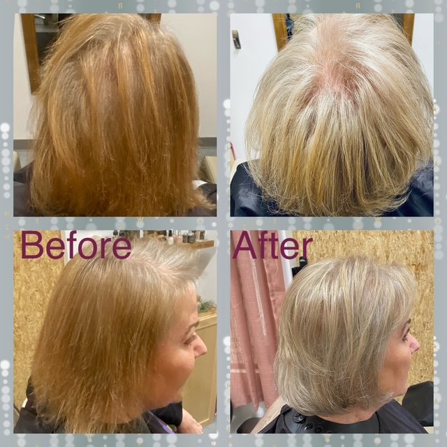 Comparison showing a person's hair before and after a haircut and styling. The before images depict frizzy, unstyled, light brown hair; the after images display smoother, styled, and shorter gray hair.