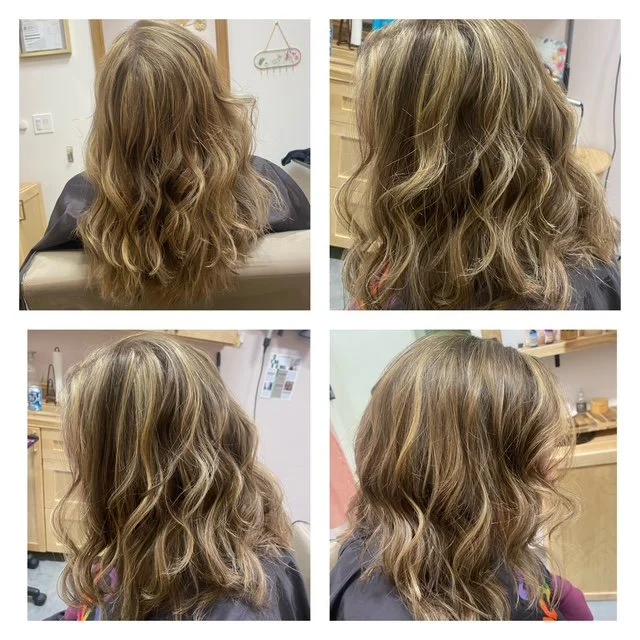 The image shows a woman's hair before and after a styling treatment. The top left and top right images show her hair before, with a wavy, slightly frizzy appearance. The bottom left and bottom right images display her hair after, with a smoother, mor
