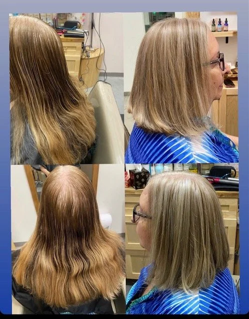 Comparison of a woman’s hair before and after a haircut, showing longer, wavy, blonde hair prior to the cut and shorter, straighter hairstyle afterward.