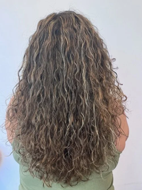 Back view of a woman with long, curly, light brown hair.