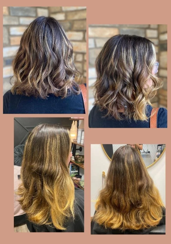 Before and after photos showing hair transformation with dark roots and blonde ends, featuring wavy hairstyles.