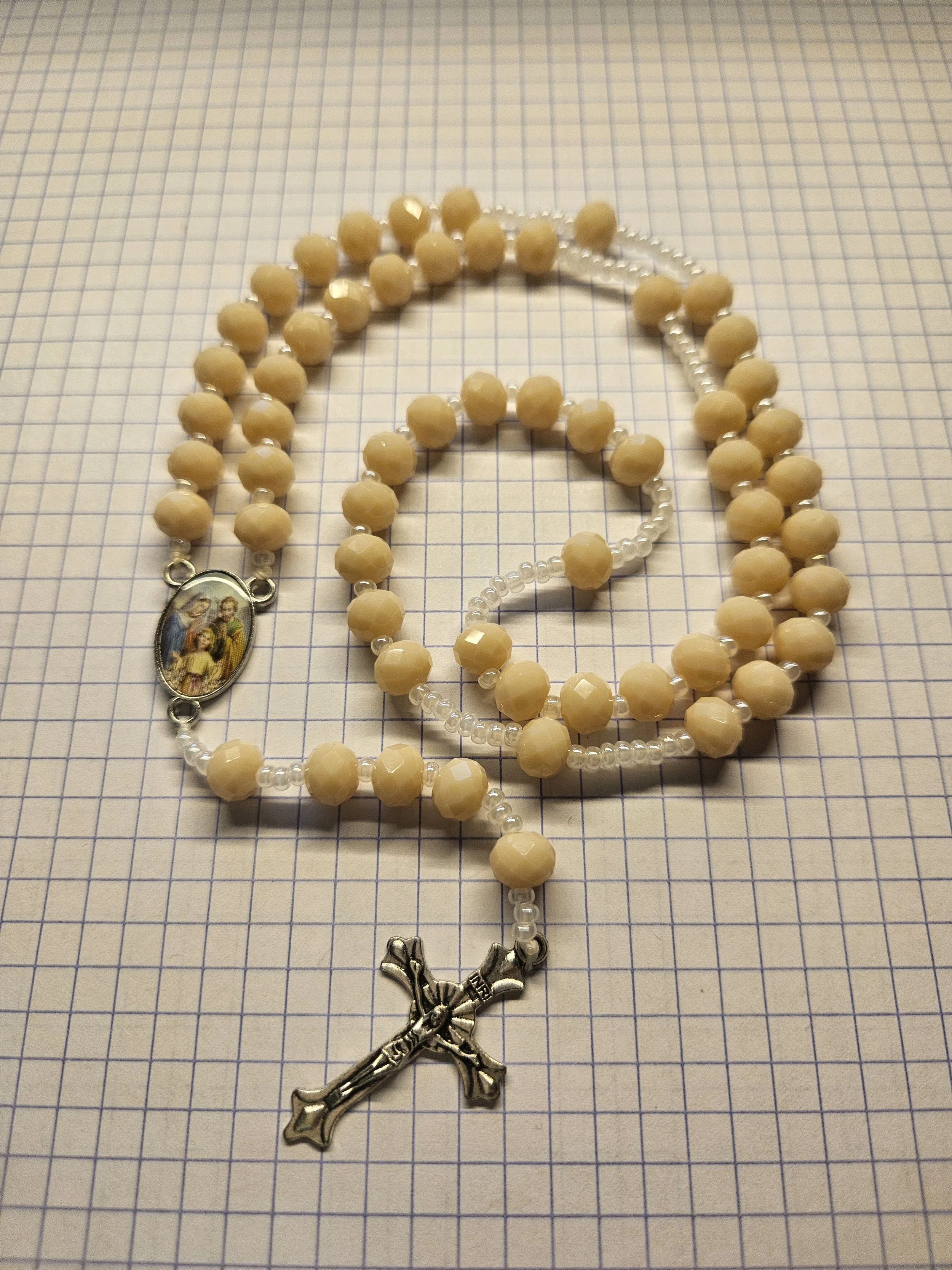 PEACH GLASS HOLY FAMILY ROSARY