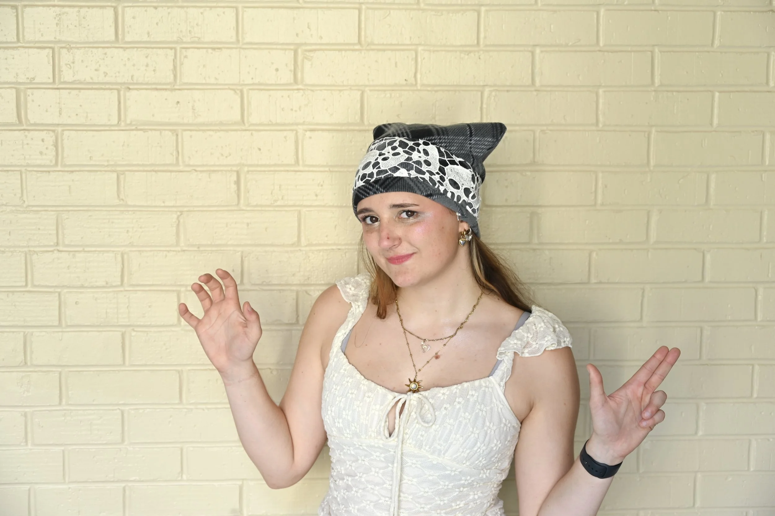 BLACK AND WHITE PLAID CAT BEANIE W/ DESIGN