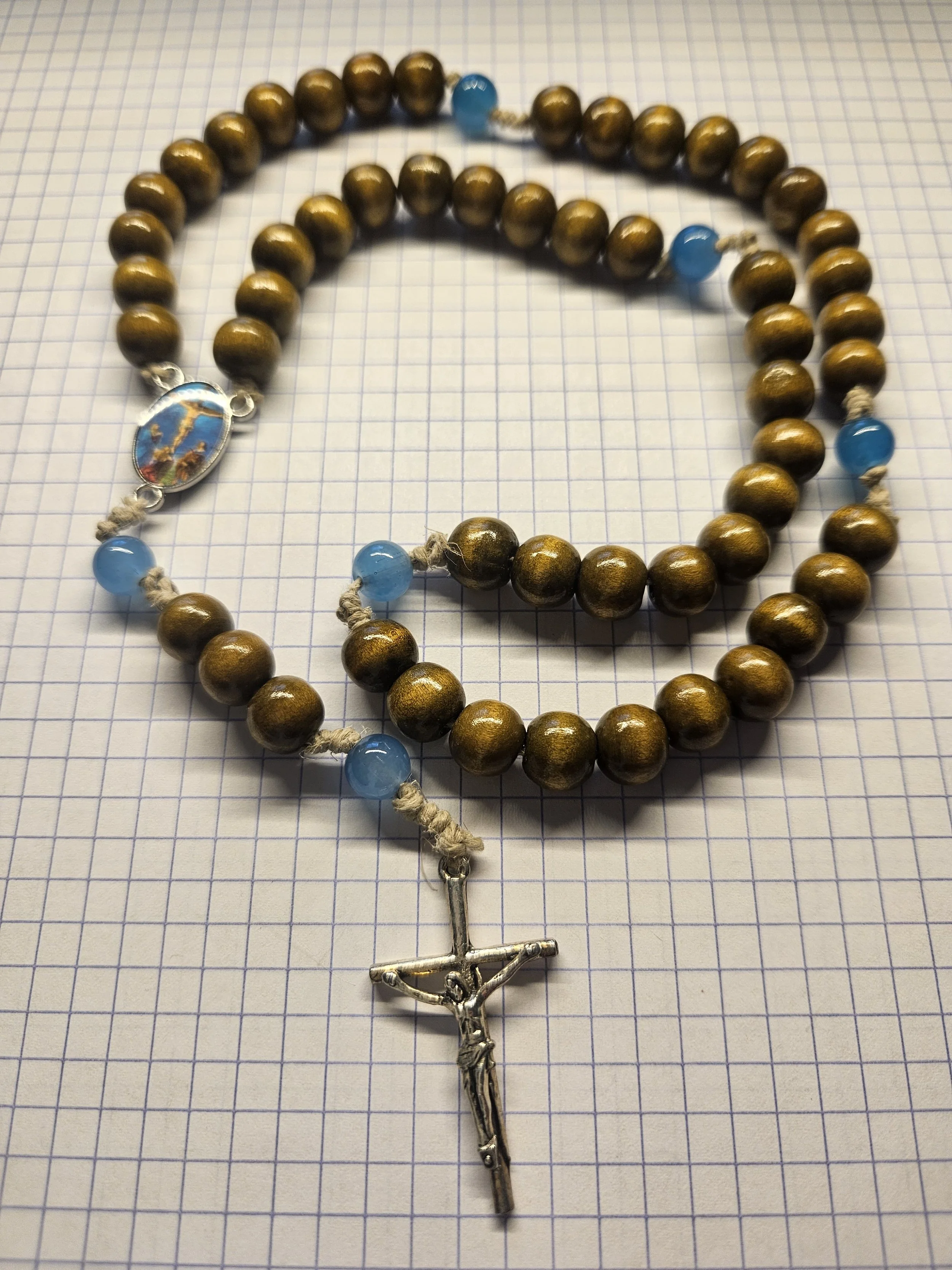 BLUE WOOD CORD ROSARY